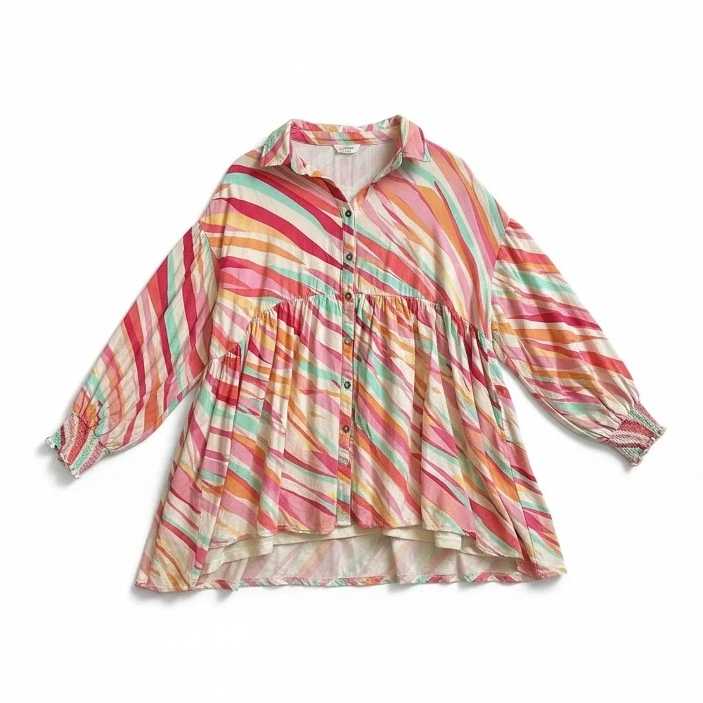 Entro Womens Large Abstract Stripe Babydoll Mini Dress Button Front Tunic D22584